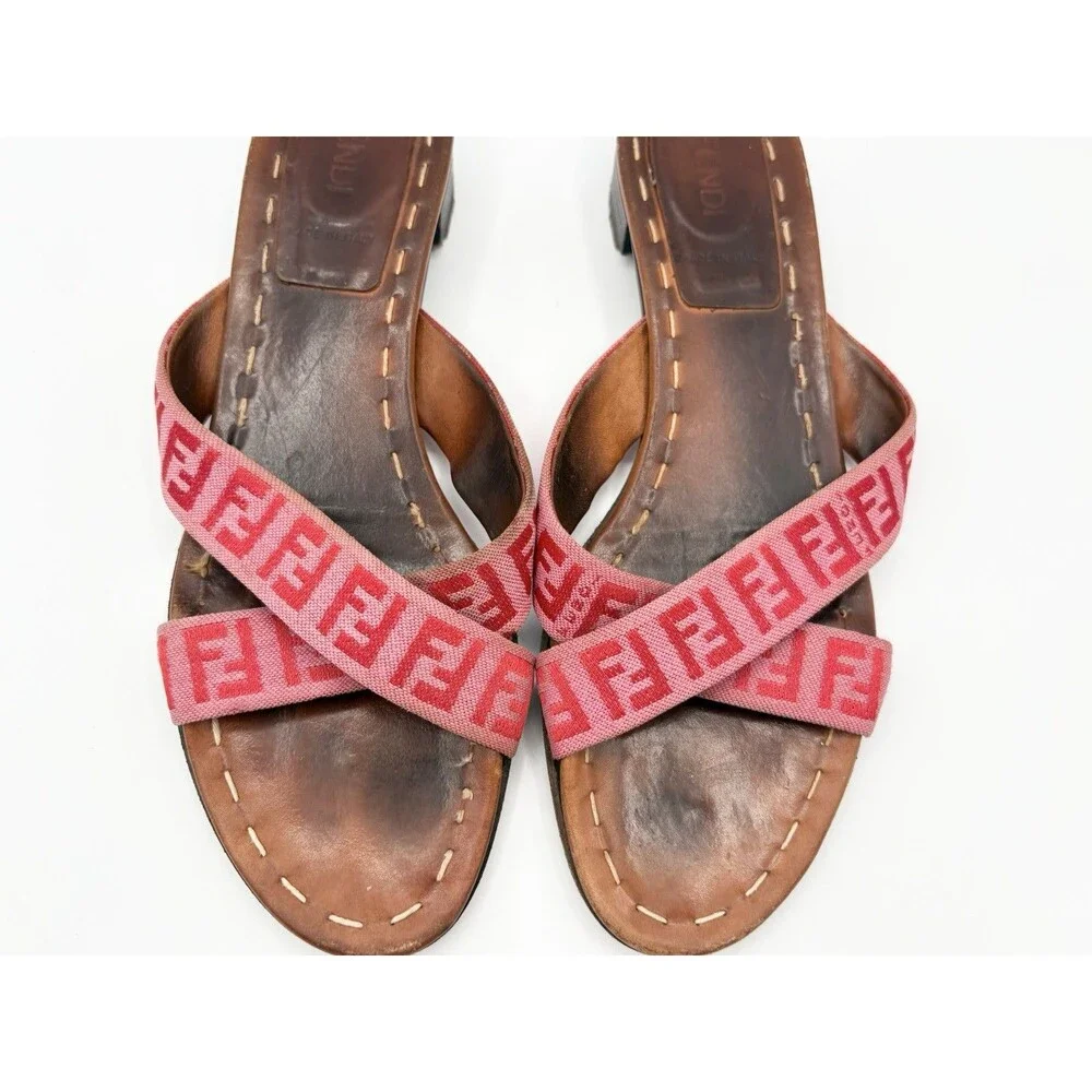 Fendi Brown Leather Sandals w/ Pink FF Logo Zucca Print Strap Vintage Size EU 37